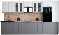 Кухонный гарнитур Интерлиния Мила Gloss 3.6 (белый софт/серый софт/травертин серый) - 
