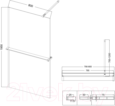 Душевая стенка Niagara NG-670-80ВLACK 80x195 (черный матовый/прозрачное стекло)