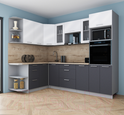 Кухонный гарнитур Интерлиния Мила Gloss 1.68x2.6 левая (белый глянец/графит софт/травертин серый)