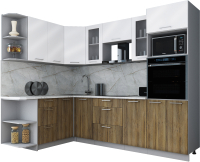 Кухонный гарнитур Интерлиния Мила Gloss 1.68x2.6 левая (белый глянец/дуб вотан/травертин серый) - 
