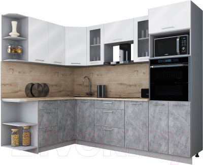 Кухонный гарнитур Интерлиния Мила Gloss 1.68x2.6 левая (белый глянец/керамика/травертин серый)