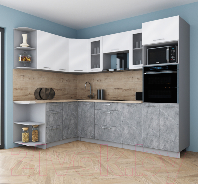 Кухонный гарнитур Интерлиния Мила Gloss 1.68x2.6 левая (белый глянец/керамика/травертин серый)