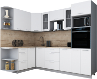 Кухонный гарнитур Интерлиния Мила Gloss 1.68x2.6 левая (белый софт/белый софт/травертин серый) - 