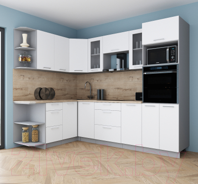 Кухонный гарнитур Интерлиния Мила Gloss 1.68x2.6 левая (белый софт/белый софт/травертин серый)