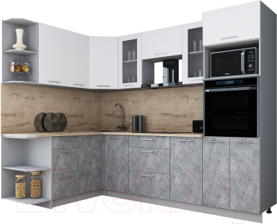 Кухонный гарнитур Интерлиния Мила Gloss 1.68x2.6 левая (белый софт/керамика/травертин серый)