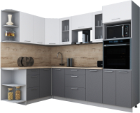 Кухонный гарнитур Интерлиния Мила Gloss 1.68x2.6 левая (белый софт/серый софт/травертин серый) - 