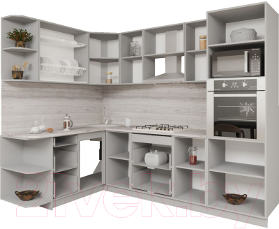 Кухонный гарнитур Интерлиния Мила Gloss 1.68x2.6 левая (белый софт/серый софт/травертин серый)