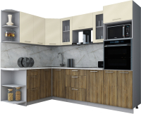 Кухонный гарнитур Интерлиния Мила Gloss 1.68x2.6 левая (ваниль глянец/дуб вотан/травертин серый) - 