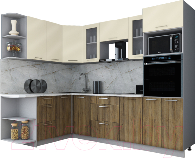 Готовая кухня Интерлиния Мила Gloss 1.68x2.6 левая (ваниль глянец/дуб вотан/травертин серый)