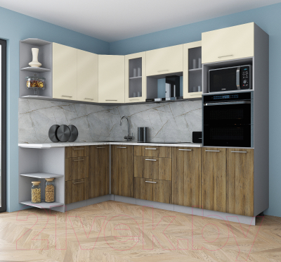 Готовая кухня Интерлиния Мила Gloss 1.68x2.6 левая (ваниль глянец/дуб вотан/травертин серый)