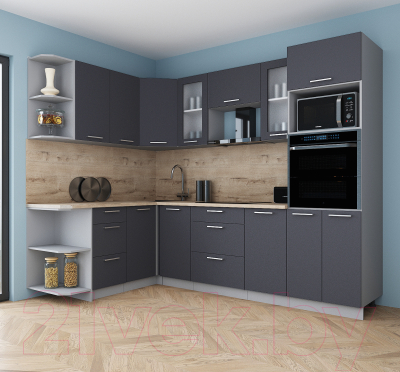 Кухонный гарнитур Интерлиния Мила Gloss 1.68x2.6 левая (графит софт/графит софт/травертин серый)