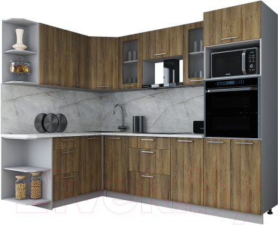Готовая кухня Интерлиния Мила Gloss 1.68x2.6 левая (дуб вотан/дуб вотан/травертин серый)