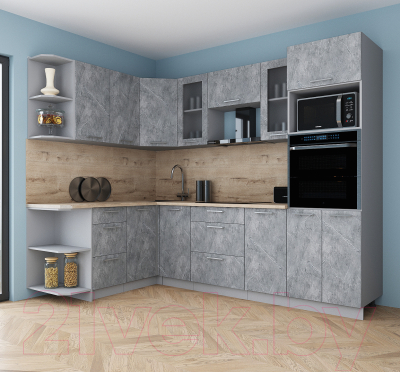 Кухонный гарнитур Интерлиния Мила Gloss 1.68x2.6 левая (керамика/керамика/травертин серый)