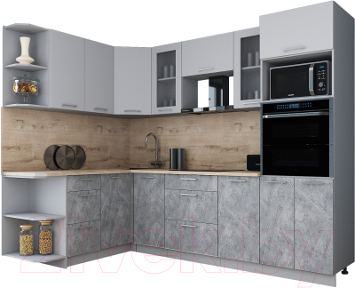 Кухонный гарнитур Интерлиния Мила Gloss 1.68x2.6 левая (пепел софт/керамика/травертин серый)