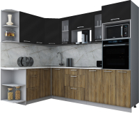 Кухонный гарнитур Интерлиния Мила Gloss 1.68x2.6 левая (черный глянец/дуб вотан/травертин серый) - 