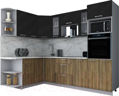 Готовая кухня Интерлиния Мила Gloss 1.68x2.6 левая (черный глянец/дуб вотан/травертин серый)