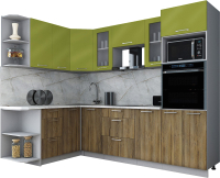 Кухонный гарнитур Интерлиния Мила Gloss 1.68x2.6 левая (яблоко глянец/дуб вотан/травертин серый) - 
