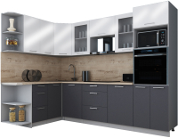 Кухонный гарнитур Интерлиния Мила Gloss 1.68x2.8 левая (белый глянец/графит софт/травертин серый) - 