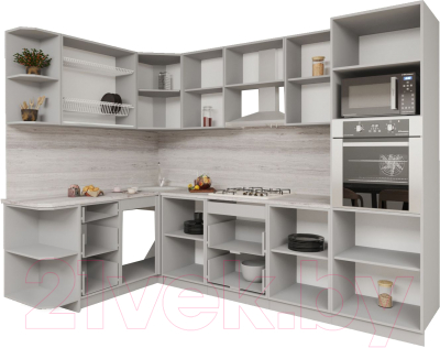 Кухонный гарнитур Интерлиния Мила Gloss 1.68x2.8 левая (белый глянец/графит софт/травертин серый)