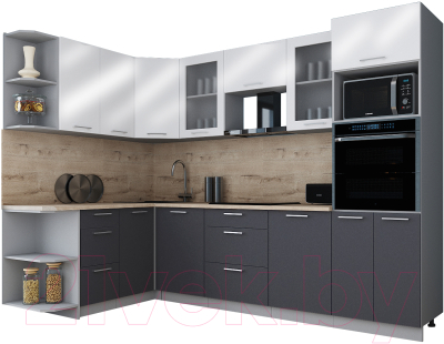 Кухонный гарнитур Интерлиния Мила Gloss 1.68x2.8 левая (белый глянец/графит софт/травертин серый)