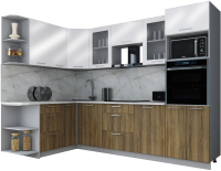 Кухонный гарнитур Интерлиния Мила Gloss 1.68x2.8 левая (белый глянец/дуб вотан/травертин серый) - 