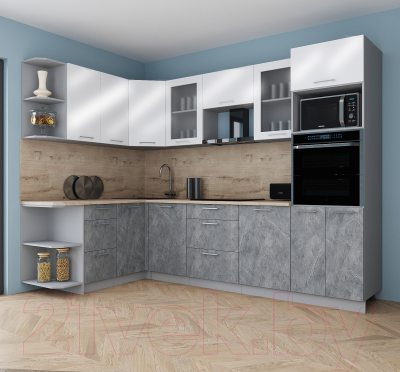 Готовая кухня Интерлиния Мила Gloss 1.68x2.8 левая (белый глянец/керамика/травертин серый)