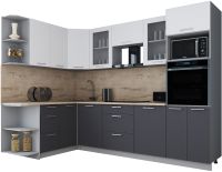 Кухонный гарнитур Интерлиния Мила Gloss 1.68x2.8 левая (белый софт/графит софт/травертин серый) - 