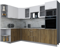 Кухонный гарнитур Интерлиния Мила Gloss 1.68x2.8 левая (белый софт/дуб вотан/травертин серый) - 