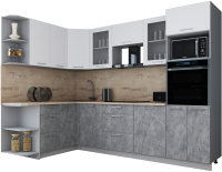 Кухонный гарнитур Интерлиния Мила Gloss 1.68x2.8 левая (белый софт/керамика/травертин серый) - 