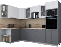Кухонный гарнитур Интерлиния Мила Gloss 1.68x2.8 левая (белый софт/серый софт/травертин серый) - 