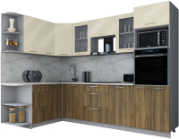 Кухонный гарнитур Интерлиния Мила Gloss 1.68x2.8 левая (ваниль глянец/дуб вотан/травертин серый) - 