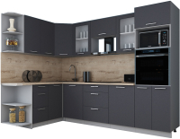 Кухонный гарнитур Интерлиния Мила Gloss 1.68x2.8 левая (графит софт/графит софт/травертин серый) - 
