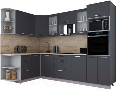 Кухонный гарнитур Интерлиния Мила Gloss 1.68x2.8 левая (графит софт/графит софт/травертин серый)