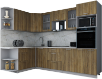 Кухонный гарнитур Интерлиния Мила Gloss 1.68x2.8 левая (дуб вотан/дуб вотан/травертин серый) - 