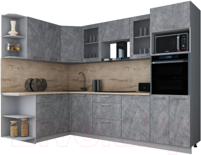 Кухонный гарнитур Интерлиния Мила Gloss 1.68x2.8 левая (керамика/керамика/травертин серый)