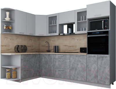 Готовая кухня Интерлиния Мила Gloss 1.68x2.8 левая (пепел софт/керамика/травертин серый)