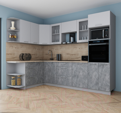 Готовая кухня Интерлиния Мила Gloss 1.68x2.8 левая (пепел софт/керамика/травертин серый)