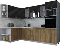 Кухонный гарнитур Интерлиния Мила Gloss 1.68x2.8 левая (черный глянец/дуб вотан/травертин серый) - 