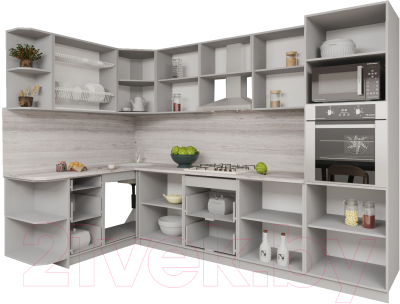 Кухонный гарнитур Интерлиния Мила Gloss 1.68x3.0 левая (белый глянец/графит софт/травертин серый)