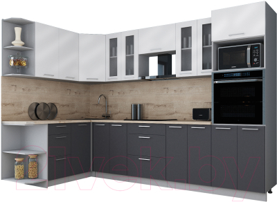 Кухонный гарнитур Интерлиния Мила Gloss 1.68x3.0 левая (белый глянец/графит софт/травертин серый)