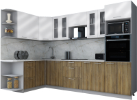 Кухонный гарнитур Интерлиния Мила Gloss 1.68x3.0 левая (белый глянец/дуб вотан/травертин серый) - 