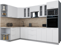 Кухонный гарнитур Интерлиния Мила Gloss 1.68x3.0 левая (белый софт/белый софт/травертин серый) - 