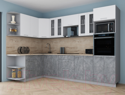 Кухонный гарнитур Интерлиния Мила Gloss 1.68x3.0 левая (белый софт/керамика/травертин серый)
