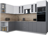 Кухонный гарнитур Интерлиния Мила Gloss 1.68x3.0 левая (белый софт/серый софт/травертин серый) - 