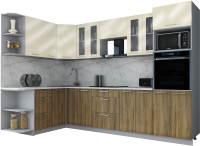 Кухонный гарнитур Интерлиния Мила Gloss 1.68x3.0 левая (ваниль глянец/дуб вотан/травертин серый) - 