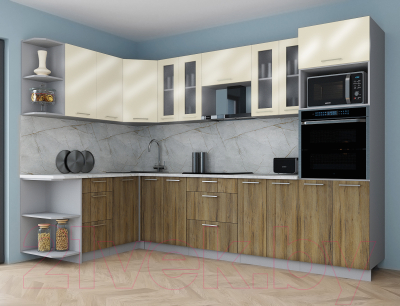 Готовая кухня Интерлиния Мила Gloss 1.68x3.0 левая (ваниль глянец/дуб вотан/травертин серый)