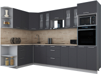 Кухонный гарнитур Интерлиния Мила Gloss 1.68x3.0 левая (графит софт/графит софт/травертин серый) - 