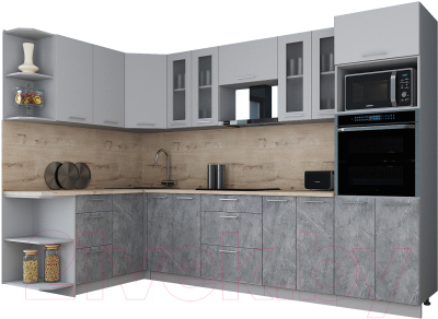Готовая кухня Интерлиния Мила Gloss 1.68x3.0 левая (пепел софт/керамика/травертин серый)