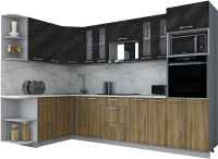 Кухонный гарнитур Интерлиния Мила Gloss 1.68x3.0 левая (черный глянец/дуб вотан/травертин серый) - 