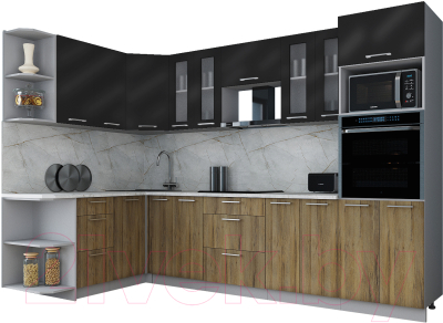 Готовая кухня Интерлиния Мила Gloss 1.68x3.0 левая (черный глянец/дуб вотан/травертин серый)